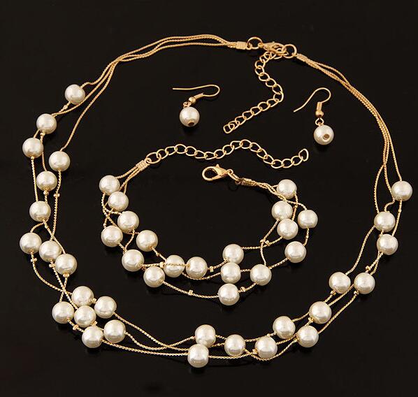 Imitation Pearl Jewelry Set Simulated Pearl Double Layer Women Earrings Necklace Bracelet Sets for Wedding N271