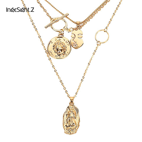 IngeSight.Z Boho Multi Layer Chain Pendant Choker Necklace Portrait Coin Virgin Mary Face Fashion Women Statement Jewelry Female