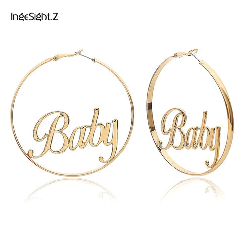 IngeSight.Z Punk Hyperbole Big Circle with Baby Femme Letter Personality Hoop Earrings Women Fashion Jewelry Oorbellen Female