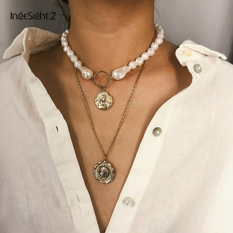 IngeSight.Z Punk Multi Layered Simulated Pearl Choker Necklace Collar Statement Carved Coin Pendant Necklace Women Girls Jewelry