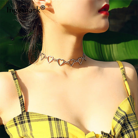 Ingemark Korean Sweet Love Heart Choker Necklace Statement Girlfriend Gift Cute Gold Silver Necklace Jewelry Collier Femme 2018