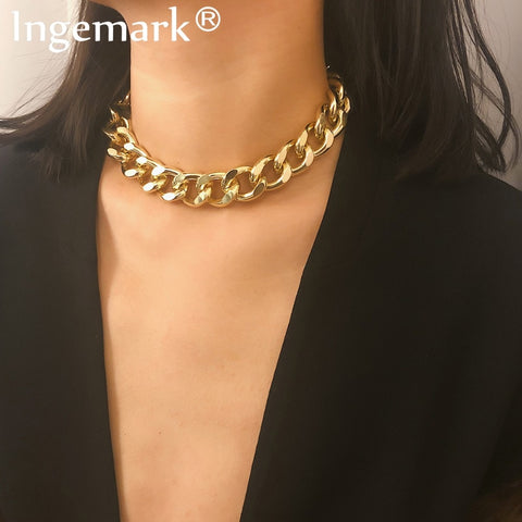 Ingemark Punk Miami Cuban Choker Necklace Collar Statement Hip Hop Big Chunky Aluminum Golden Thick Chain Necklace Women Jewelry