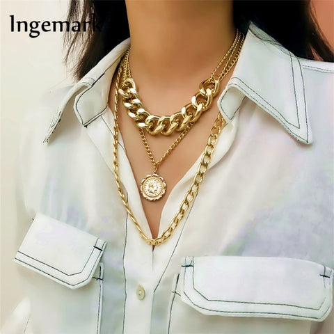 Ingemark Punk Miami Cuban Choker Necklace Exaggerated Thick Chain European&America Fashion Queen Pendant Necklace Women Jewelry