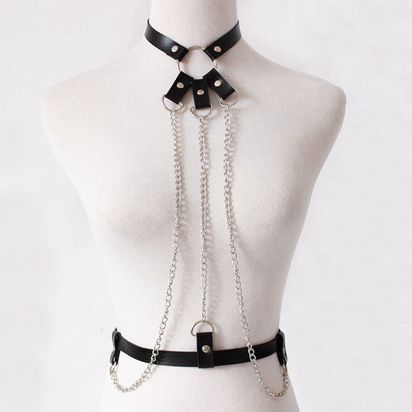 KMVEXO 2019 New Leather Harness Belt Bondage Cage Gothic Chain Body Necklace Women Punk Fashion Cosplay Festival Torques Jewelry