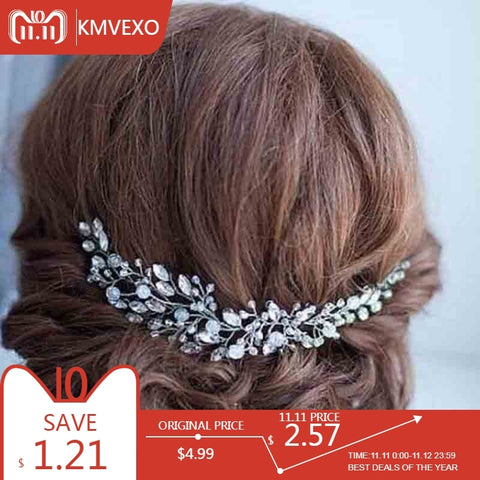 KMVEXO Fashion Leaves Silver bridal hair accessories Handmade Crystal Hair Jewelry Wedding Accessories Headband Women Headpiece