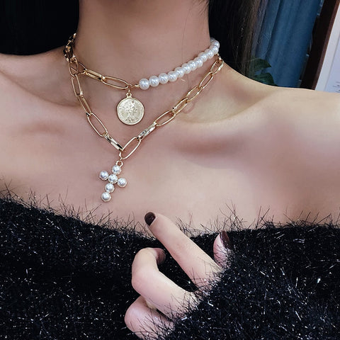 KMVEXO Luxury Design Imitation Pearls Choker Necklace Female Cross Pendant Necklaces for Women 2019 Fashion Gold Coin Jewelry