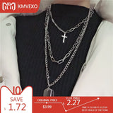 KMVEXO Multilayers Punk Silver Chains Cross Necklace Couple Fashion Street Hip Hop Geometric Metal Pendant Necklaces for Women