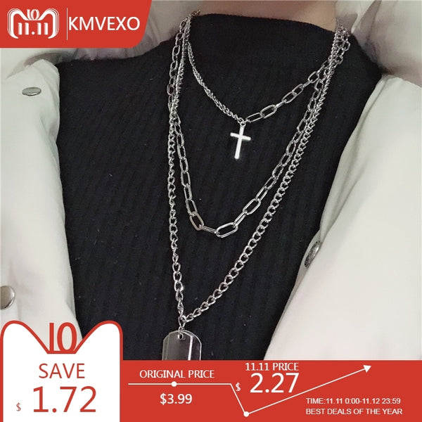 KMVEXO Multilayers Punk Silver Chains Cross Necklace Couple Fashion Street Hip Hop Geometric Metal Pendant Necklaces for Women