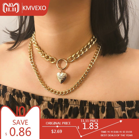 KMVEXO Punk Metal Heart Choker Necklace For Women Big Thick Chain Round Hollow Multilayer Pendant Long Necklaces Jewelry 2019