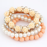 LEMOER Bohemian Fashion Candy Color Pearl Rose Flower Multilayer Beads Stretch Charm Bracelet & Bangle For Women pulseras mujer