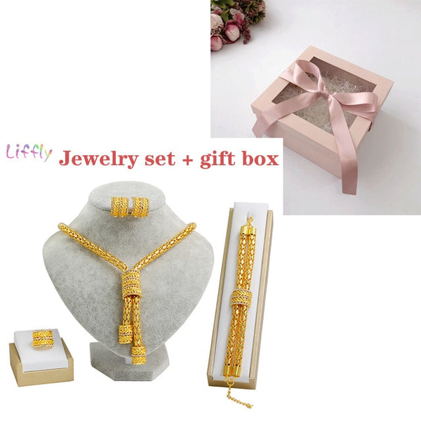 Liffly Bridal African Jewelry Sets Fashion Gold Necklace Earrings Ring Zircon Bridesmaid Dubai Gold Jewelry Sets for Women