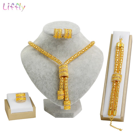 Liffly Bridal African Jewelry Sets Fashion Gold Necklace Earrings Ring Zircon Bridesmaid Dubai Gold Jewelry Sets for Women