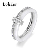 Lokaer 2 layers Black/White Ceramic Crystal Wedding Rings Jewelry Rose/White Gold Color Stainless Steel Rhinestone Engagement