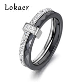 Lokaer 2 layers Black/White Ceramic Crystal Wedding Rings Jewelry Rose/White Gold Color Stainless Steel Rhinestone Engagement