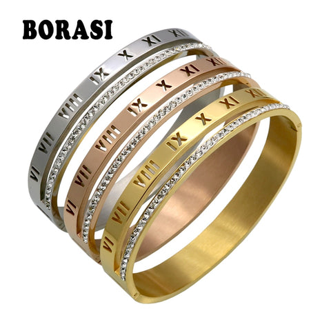 Luxury Crystal Roman Numerals Cuff Bracelets & Bangles Women Bijoux Brand Design Gold Color Rhinestones Arm Pulseira Feminina