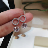 Luxury Female White Round Stud Earrings Fashion 925 Silver Wedding Jewelry Double Crystal Zircon Earrings For Women