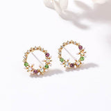 MENGJIQIAO 2018 Korean New Colorful Rhinestone Wreath Stud Earrings For Women Sweet Flower Shell Small Cirlce Brincos Gift