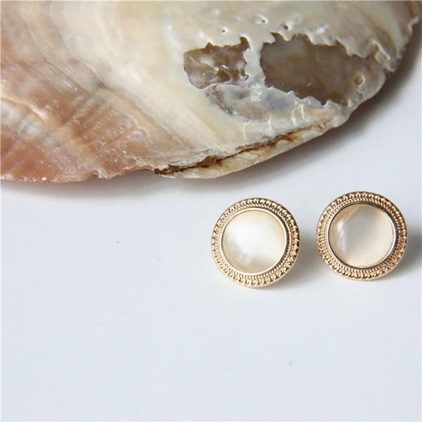 MENGJIQIAO 2019 Japan New Vintage Round Marble Opal Stone Big Stud Earrings For Women Fashion Temperament Simulated Pearl Brinco