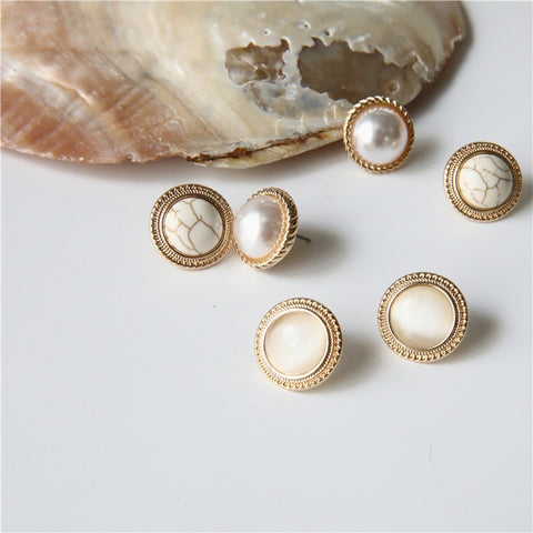 MENGJIQIAO 2019 Japan New Vintage Round Marble Opal Stone Big Stud Earrings For Women Fashion Temperament Simulated Pearl Brinco