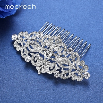 Mecresh Silver Color Rhinestone Flower Leaf Bridal Hair Comb for Girls Crystal Hair Ornaments Jewelry Wedding Hair Accessories