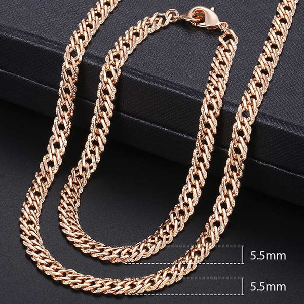 Men Women's Jewelry Set 585 Rose Gold Bracelet Necklace Set Double Curb Cuban Weaving Bismark Chain 2018 Wholesale Jewelry KCS04