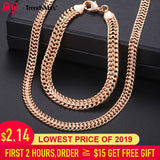 Men Women's Jewelry Set 585 Rose Gold Bracelet Necklace Set Double Curb Cuban Weaving Bismark Chain 2018 Wholesale Jewelry KCS04