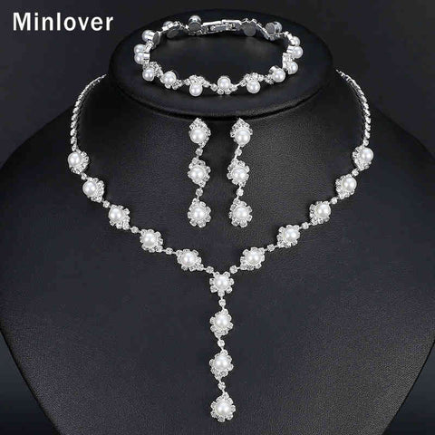 Minlover Floral Simulated Pearl Bride Wedding Jewelry Sets Simple Crystal Necklace Earrings Bracelets Sets for Women TL059+SL077