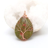 Natural purple Quartz Opal Stone Pendants Handmade Rose Gold Color Tree of Life Wrapped Drop Shaped crystal pendant necklace