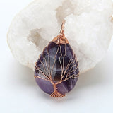 Natural purple Quartz Opal Stone Pendants Handmade Rose Gold Color Tree of Life Wrapped Drop Shaped crystal pendant necklace