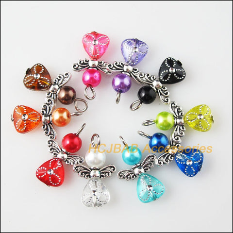 New 10Pcs Mixed Glass Acrylic Dancing Angel Wings Flowers Charms Pendants 14x22mm