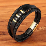 New 3 Layers Black Gold Punk Style Design Genuine Leather Bracelet for Men Steel Magnetic Button Birthday Gift Male Bracelets