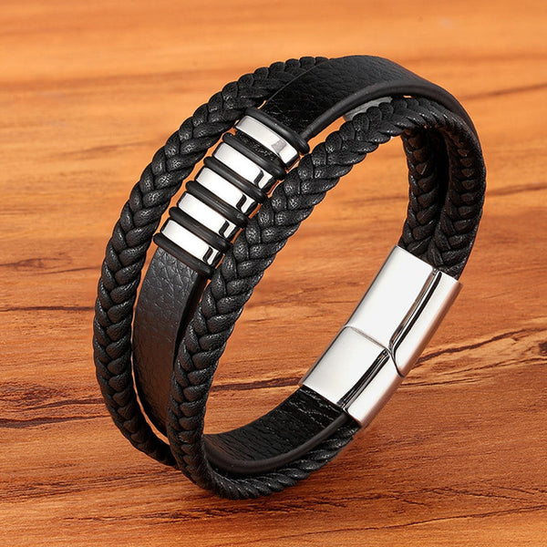 New 3 Layers Black Gold Punk Style Design Genuine Leather Bracelet for Men Steel Magnetic Button Birthday Gift Male Bracelets