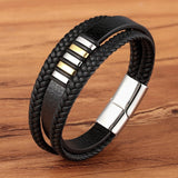 New 3 Layers Black Gold Punk Style Design Genuine Leather Bracelet for Men Steel Magnetic Button Birthday Gift Male Bracelets