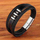 New 3 Layers Black Gold Punk Style Design Genuine Leather Bracelet for Men Steel Magnetic Button Birthday Gift Male Bracelets