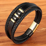 New 3 Layers Black Gold Punk Style Design Genuine Leather Bracelet for Men Steel Magnetic Button Birthday Gift Male Bracelets