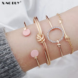 New 4pcs/Set Charm Romantic Pink Crystal Open Cuff Bangles/Bracelet Set For Women Gold Metal Alloy Arrow Link Chain Twist Bangle