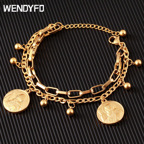 New Arrive Double Stainless Steel Religious Bracelet For Women Female Gold Color Beads Bracelet Jesus Pendant Lady Jewelry Gift