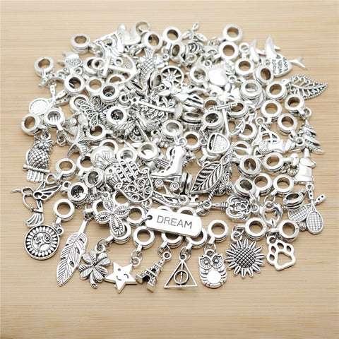 New Mix 50pcs Vintage Silver Charms European Bead Charm fit for pandora style Bracelets Necklace DIY Metal Jewelry Making