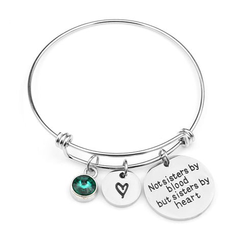 "Not sisters by blood but sisters by heart"Birthstone Bangle Bracelets Stainless Steel Charm Bracelet For Women Friendship Gift