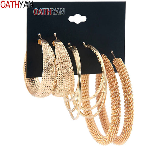 OATHYAN 3 Pairs/Set Classic Oversize Gold Color Metal Hoop Earrings Set Mix For Women Round Big Circle Earring Statement Jewelry