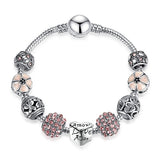 Original Tibet Silver Crystal Four Leaf Clover Bracelet with Murano Glass Beads Charm Bracelet Bangle for Women DIY 925 Jewelry