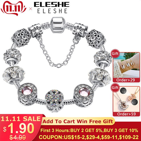 Original Tibet Silver Crystal Four Leaf Clover Bracelet with Murano Glass Beads Charm Bracelet Bangle for Women DIY 925 Jewelry