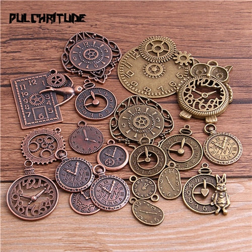 PULCHRITUDE 10pcs Vintage Metal Zinc Alloy Mixed Four Clock Pendant Charms Steampunk Clock Charms for Diy Jewelry Making T6435