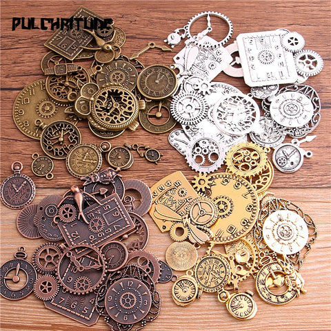 PULCHRITUDE 10pcs Vintage Metal Zinc Alloy Mixed Four Clock Pendant Charms Steampunk Clock Charms for Diy Jewelry Making T6435