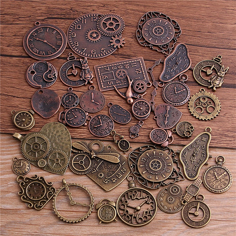 PULCHRITUDE 10pcs Vintage Metal Zinc Alloy Mixed Two Clock Pendant Charms Steampunk Clock Charms for Diy Jewelry Making T3012