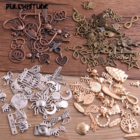 PULCHRITUDE 20pcs Vintage Metal 4color Mix Size Random 20-200 Style Charms Pendant for Jewelry Making Diy Handmade Jewelry P6664