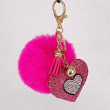 Pompom Keychain Rhinestone Heart