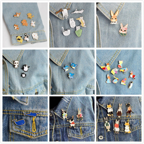 QIHE JEWELRY Animal pin set Cat Dog Panda Bird Penguin Fox Rabbit Enamel pins Cute Lapel pins Kawaii Brooches Animal jewelry