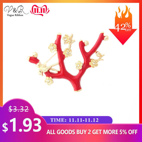 Red Enamel Tree Life Bird Flower Brooch Pin, 2019 New Trendy Jewelry Accessories For Women Christmas Brooch Pin Family Tree Pin