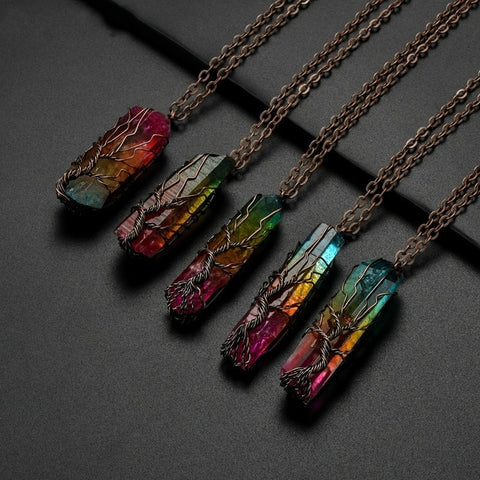 SEDmart 7Chakra Ainbow Natural Stone Copper Wire Pendant Necklace for Women Men Long Chain  Tree of Life Statement Jewelry Gift